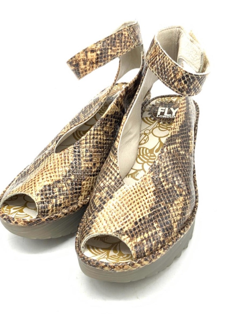 FLY London Yala Snake Print Platform Wedge Sandals Ankle Strap Peep Toe Size 40